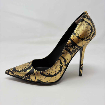 Pre-Owned Versace Black/Gold Leather Shoe Size 8 Designer Shoes