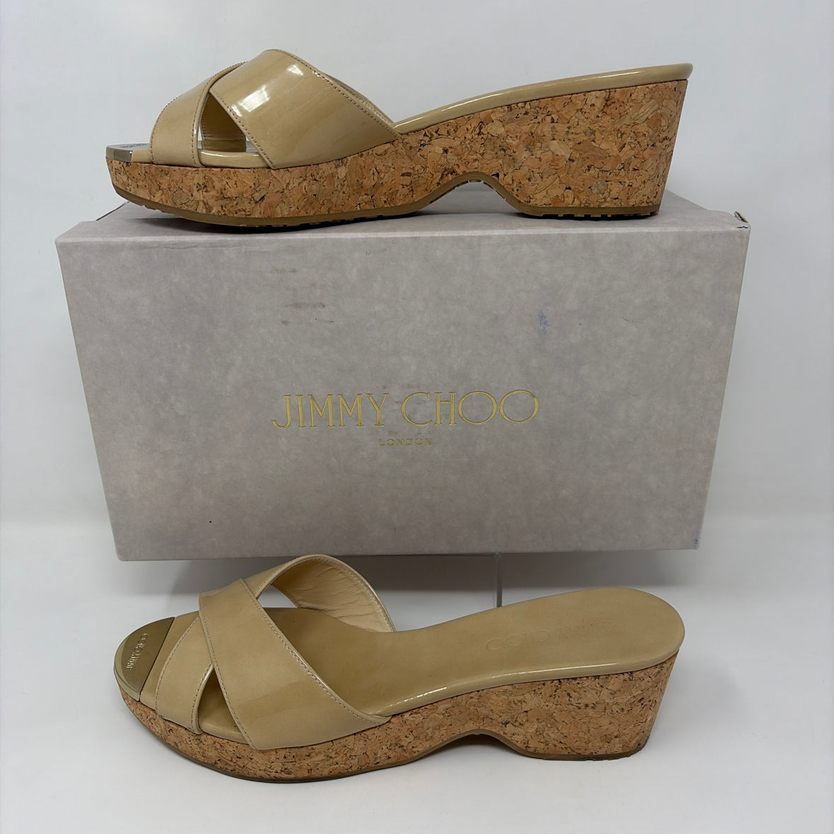 Pre-Owned Jimmy Choo Tan Patent Shoe Size 8.5 Designer Shoes