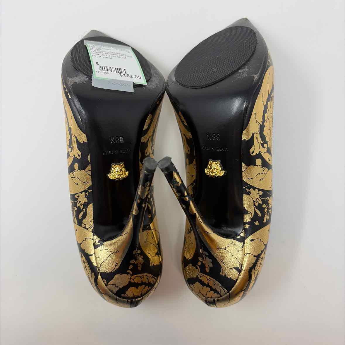 Pre-Owned Versace Black/Gold Leather Shoe Size 8 Designer Shoes